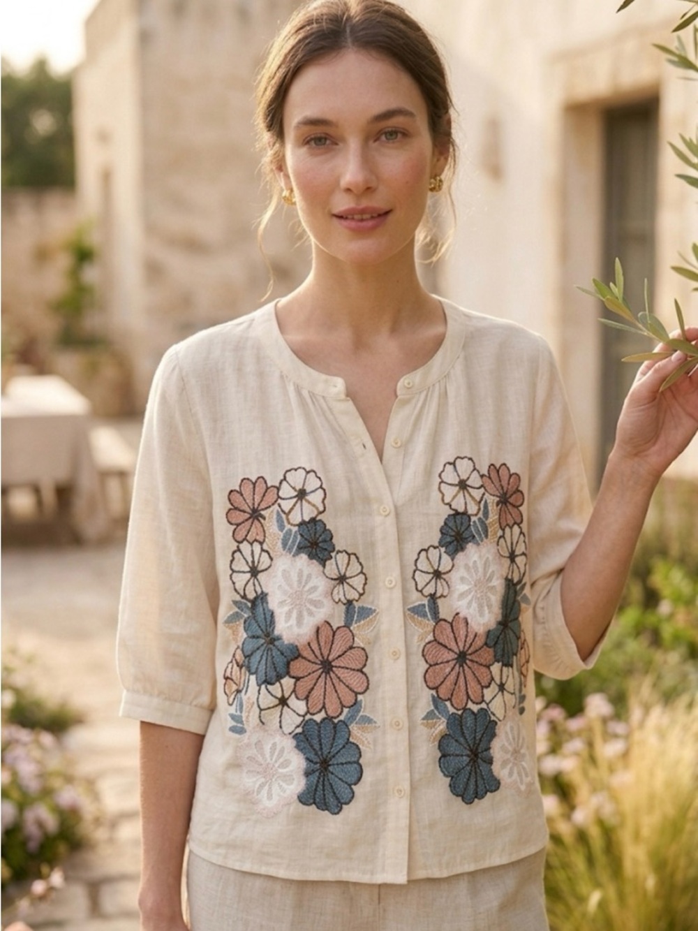 Vintage-Chic Embroidered Linen Button-Down Blouse
